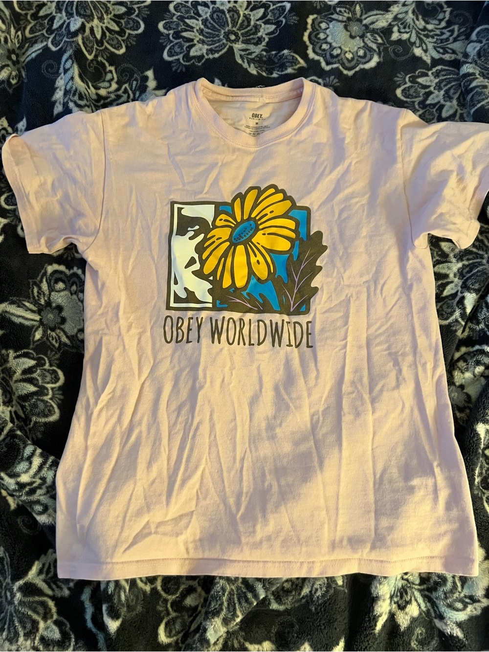 Obey Pastel Pink Tee with Yellow Flower Graphic